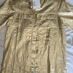 Lanhtropy Metallic Gold Foil Linen Button-Front Shirt Nwt